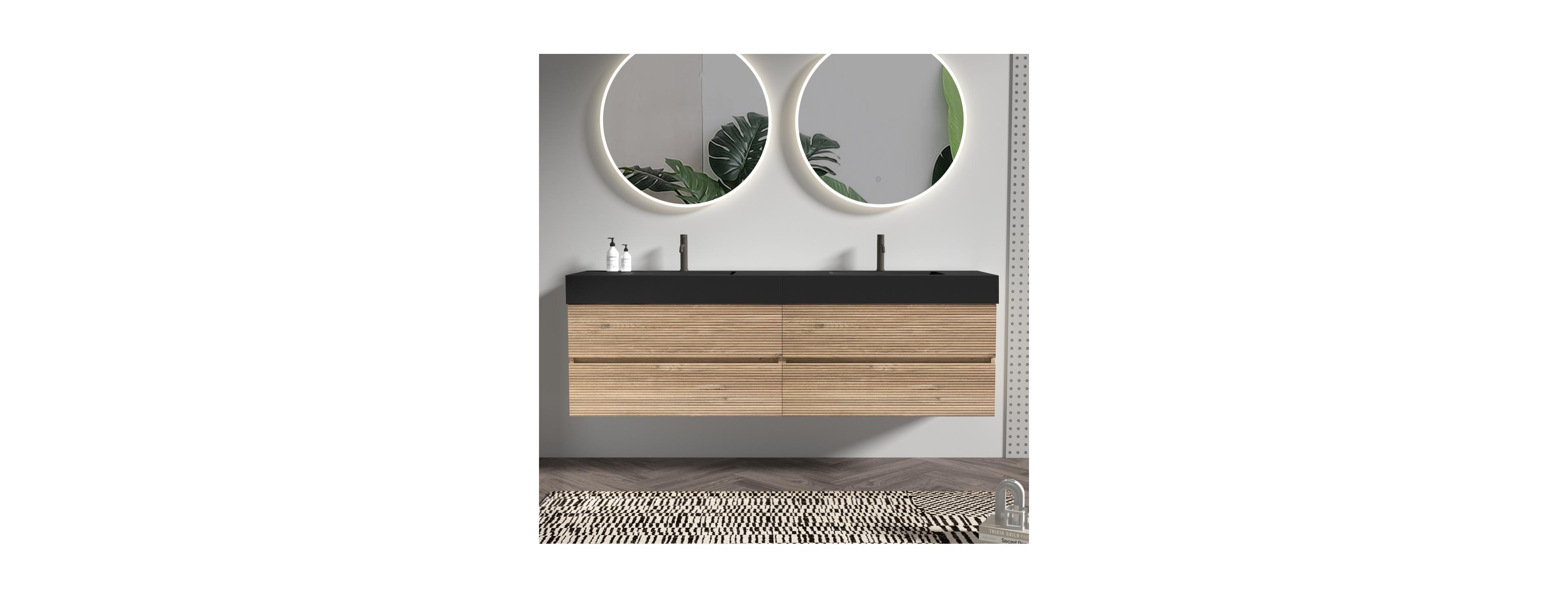 Sillysis Mid-Century Modern Bathroom Vanity with Double Drawers, Quartz Basin