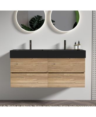 Mid-Century Modern Bathroom Vanity with Double Drawers, Quartz Basin, Wall Mounted Soft Close Storage Cabinet