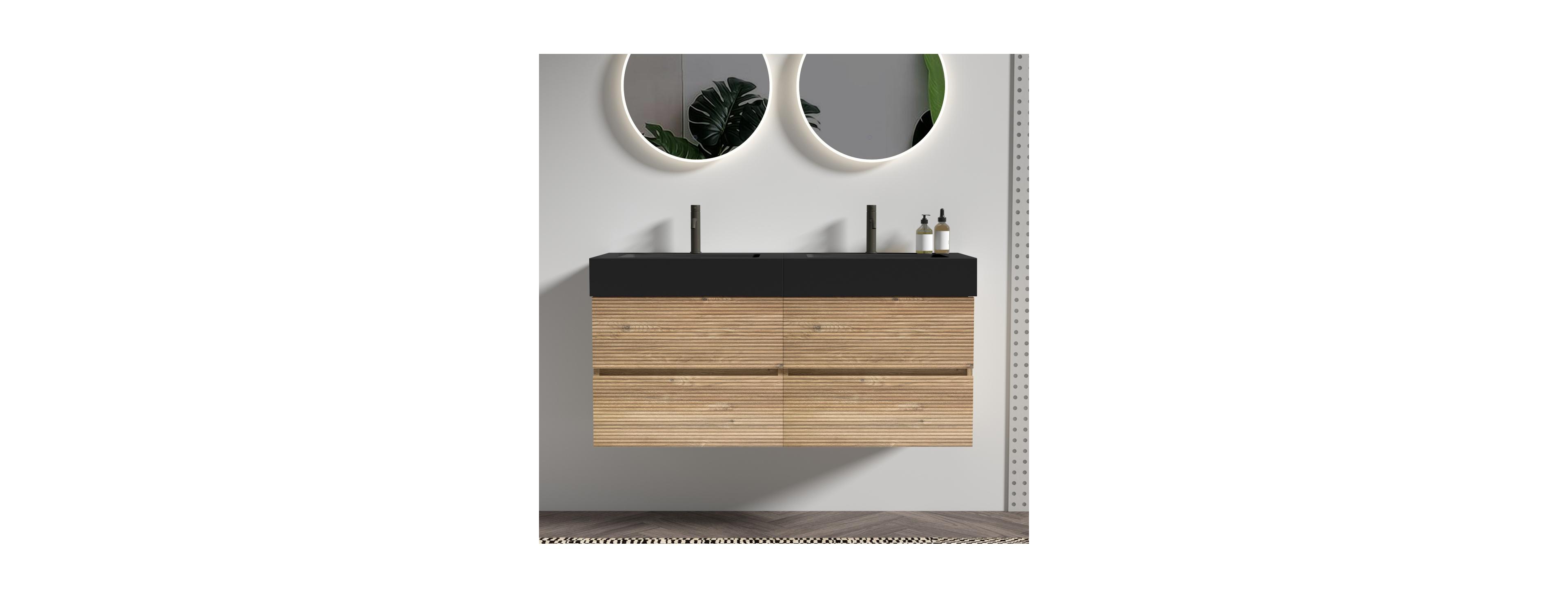 Sillysis Mid-Century Modern Bathroom Vanity with Double Drawers, Quartz Basin