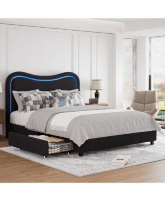 Boucle Upholstered Bed Frame with 2 Storage Drawers, LED Headboard and Wood Slats, Available