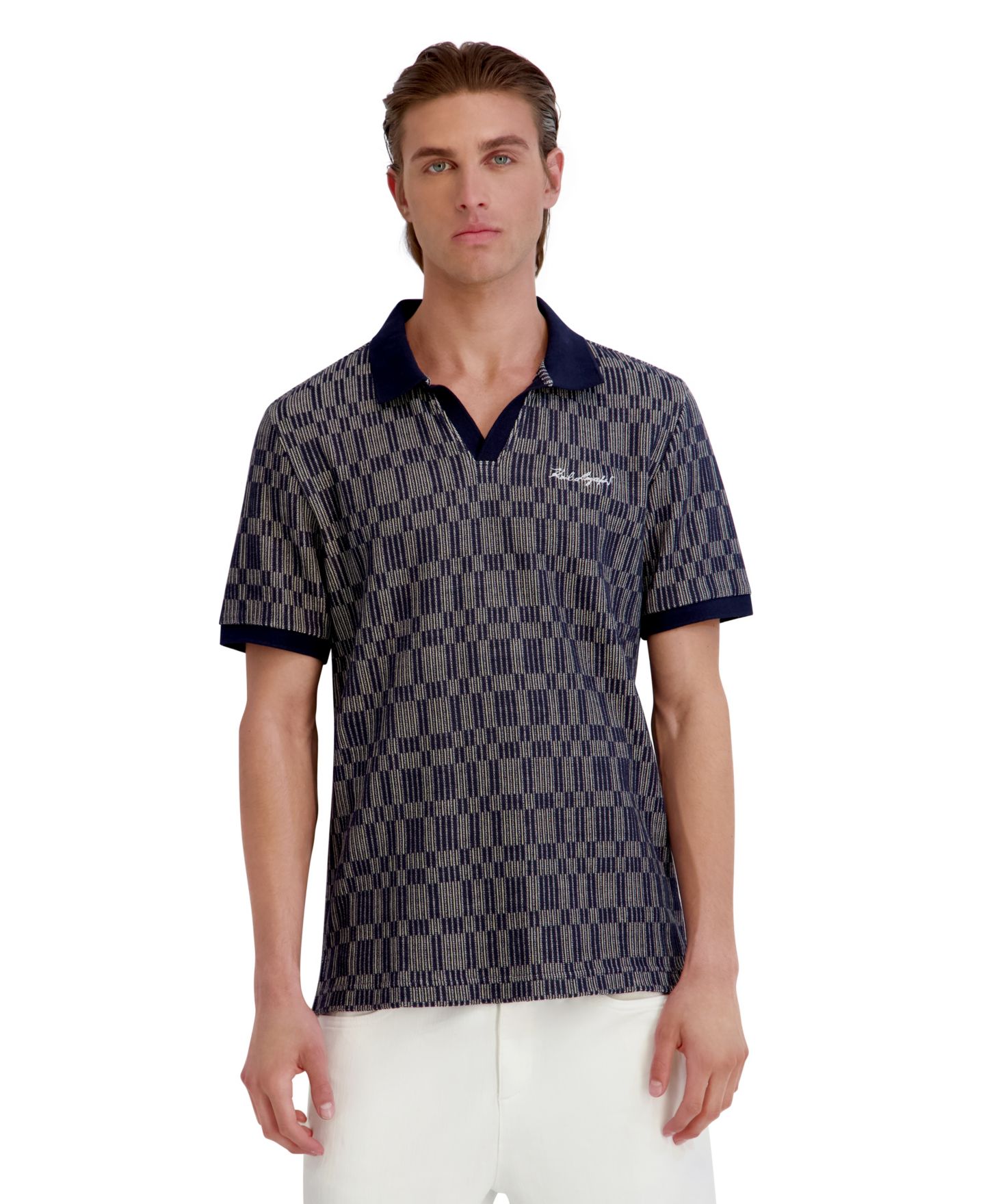 Мужское поло KARL LAGERFELD PARIS Textured Color Blocking Stripes Polo Shirt, цвет: Тёмно-синий / Белый — фото 1