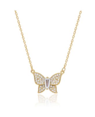 Pave Cubic Zirconia Tapered Baguette Butterfly Necklace Sterling Silver