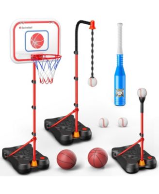 2 in 1 Kids Basketball Hoop and T Ball Set, Adjustable Basket Ball Stand,Hanging Tee Baseball