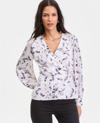 I.N.C. International Concepts Women's Printed Blouson-Sleeve Wrap Blouse