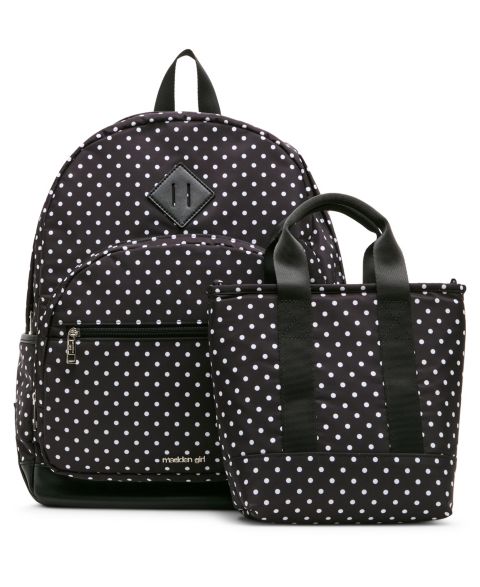 Сумки Madden Girl Lynx Nylon Dome Medium Backpack and Lunchbox Set, цвет: Чёрный в горошек