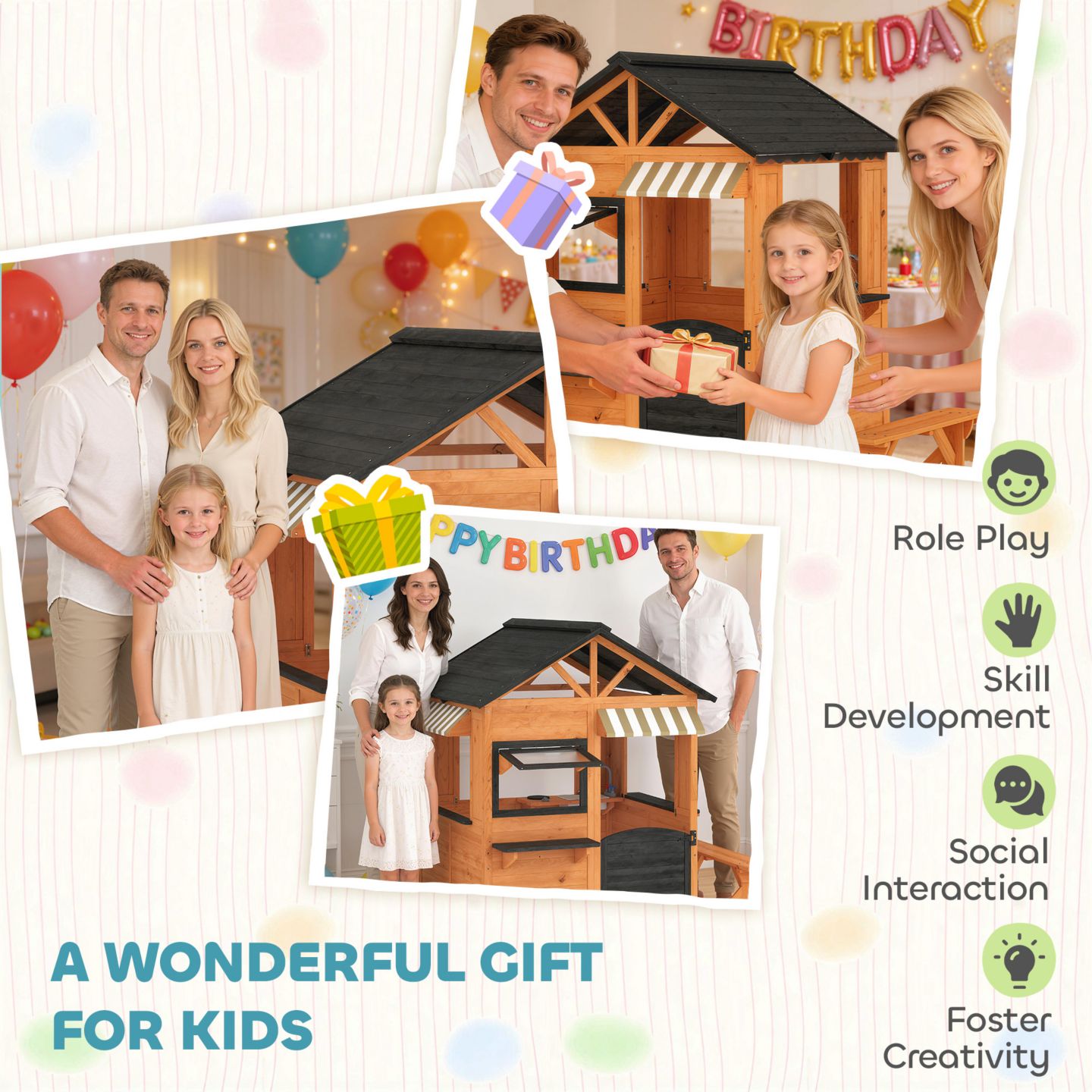 Детская игрушка Qaba Outdoor Wooden Playhouse with Play Kitchen, Ages 3+, цвет: Коричневый — фото 9