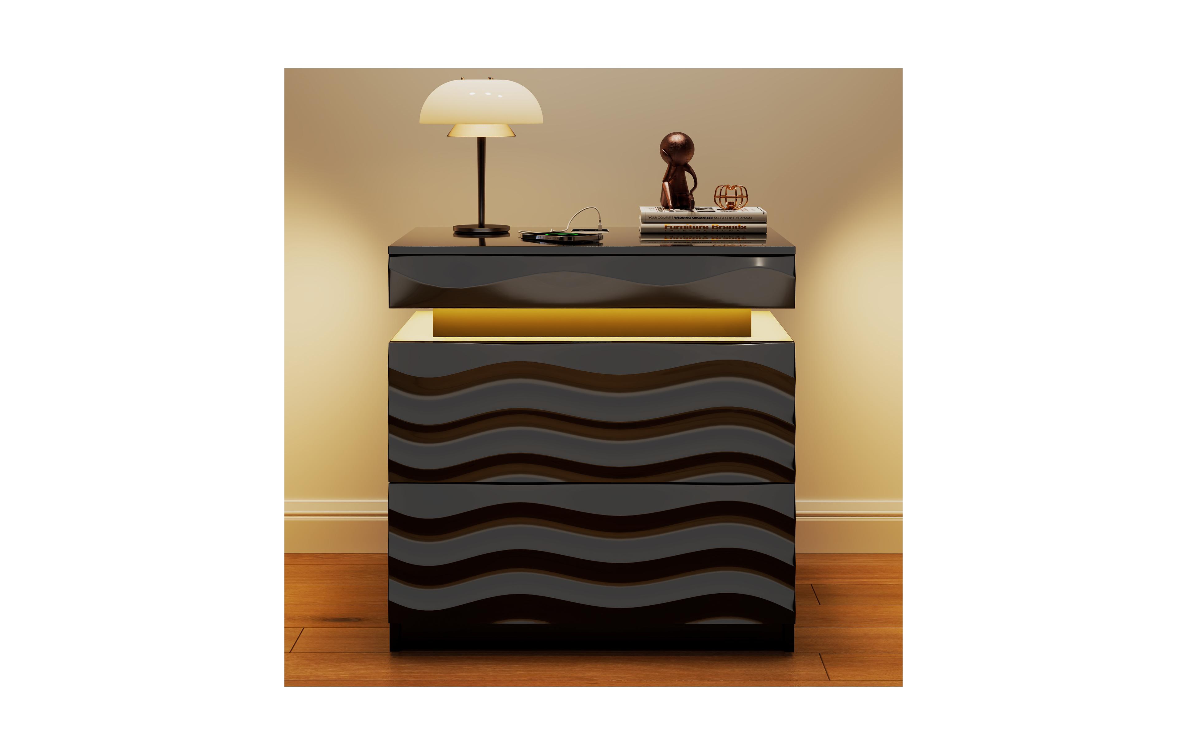 Vlrska Wide 2-Drawer Nightstand with Hidden Storage and Human Sensor Light