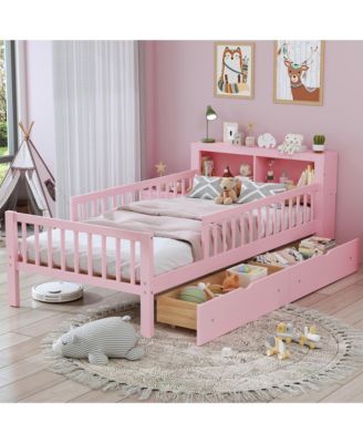 Kids Twin Bed Frame, Wooden Platform Bed with Headboard Storage Rack, 2 Under-Bed Drawers and 3-Side Guardrails for Bedroom
