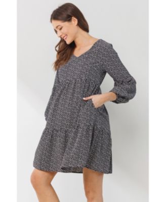 Hello Miz Maternity Printed Empire Waist Tiered Dress with Side Pockets - Taupe