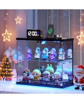 LED Lighted 2-Tier Glass Display Case with Charging Station and Motion Sensor, Desktop Storage Organizer for Figures, Models and Perfume