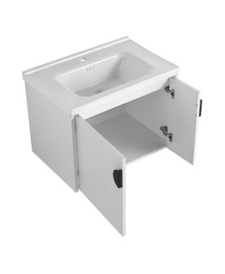 Wall Mounted Bathroom Vanity with Ceramic Sink, Floating Cabinet, 2 Soft Close Doors for Small Space
