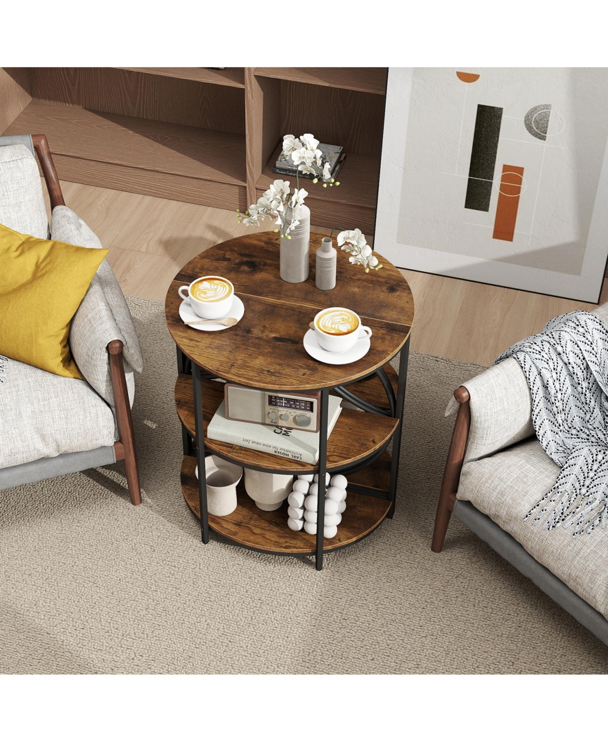 Gymax 3-Tier Half Round End Table Set of 2 with Study Metal Frame Storage Shelves