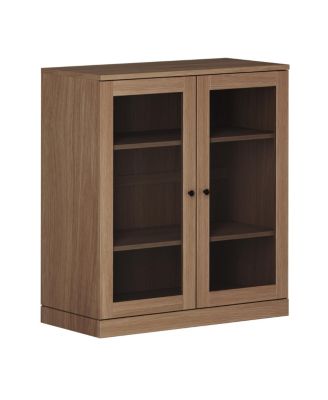 100 percentage Solid European Oak Short Display Bookcase Bookshelf with Tinted Glass Doors, 3-Shelf Modular Design