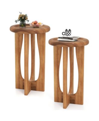 2PCS 14'' Round Mahogany Accent Table Farmhouse End Table w/ Round Tray Top