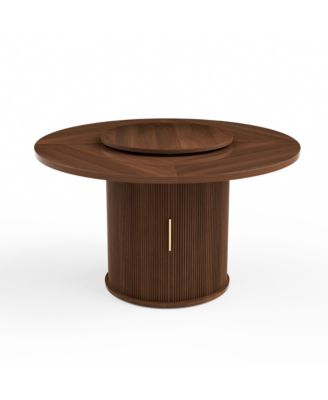 Round Dining Table for 6 with a Rotating Tabletop Tray, 2-tier Storage Rack and Wooden Wavy-striped Sliding Doors for Living Room
