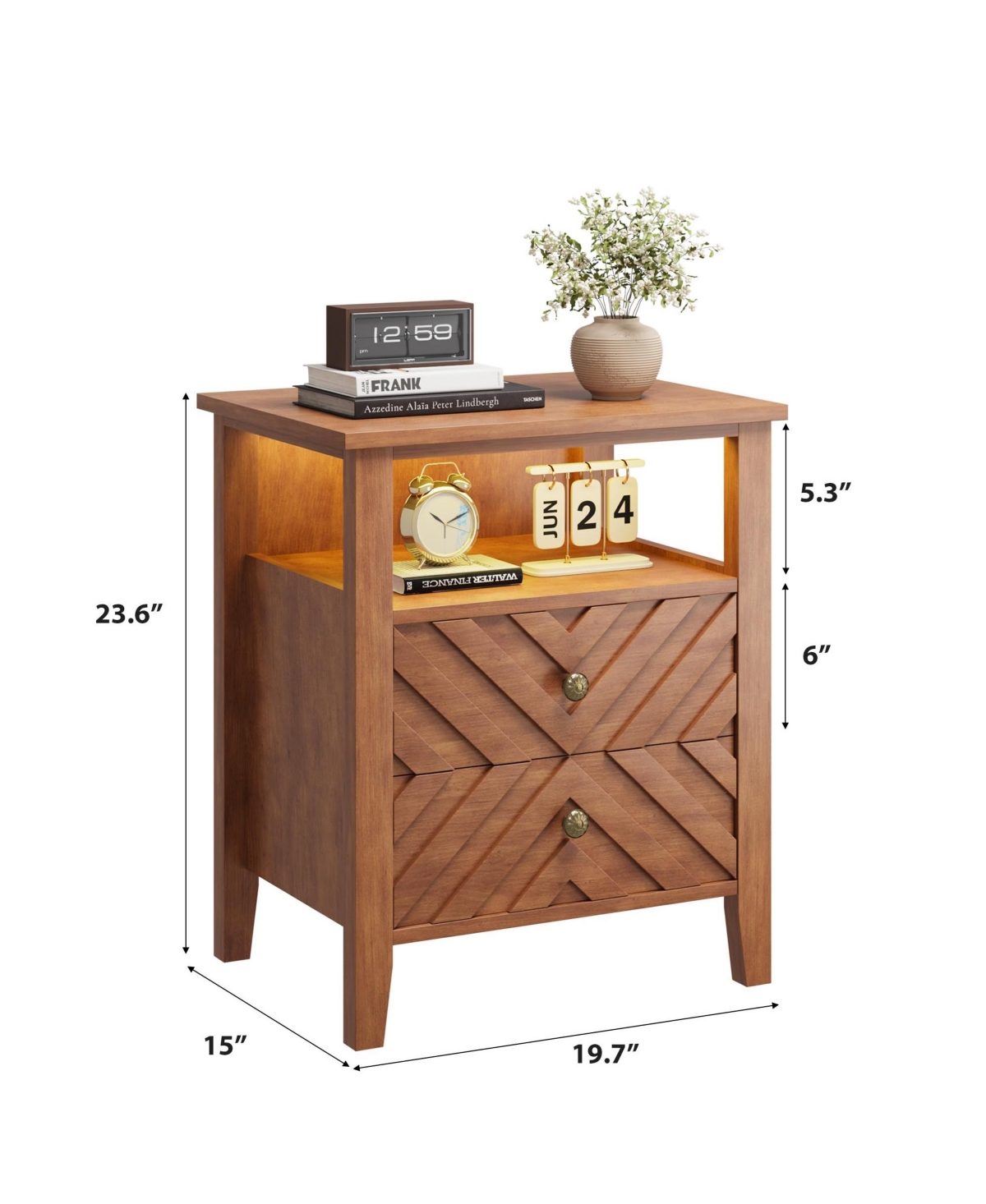 gaomon Home 2-Drawer Farmhouse Wood Nightstand, Rustic Bedside Table with Open Shelf Storage, 2-Pack