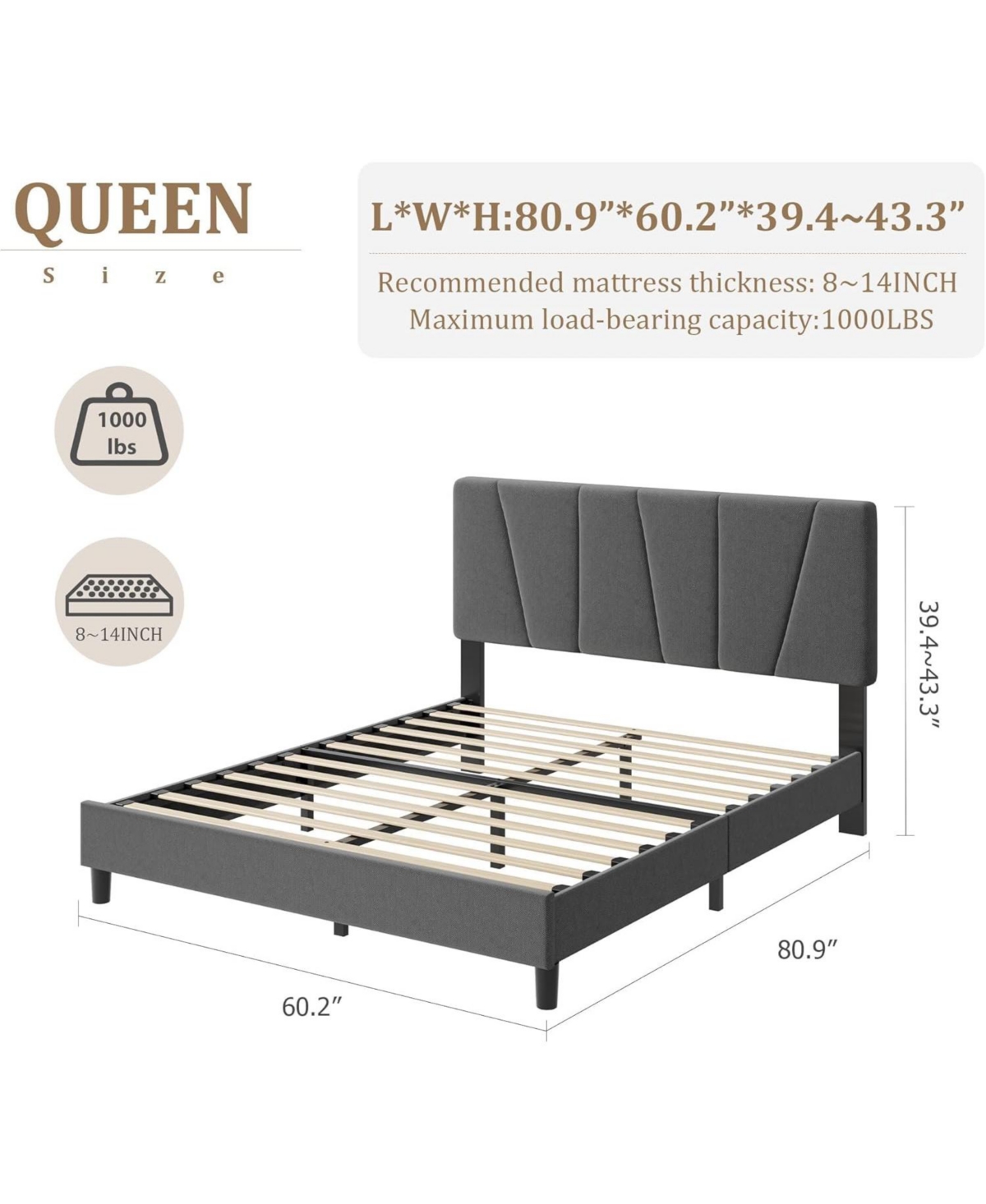 gaomon Upholstered Platform Bed with Adjustable Headboard Wooden Slats