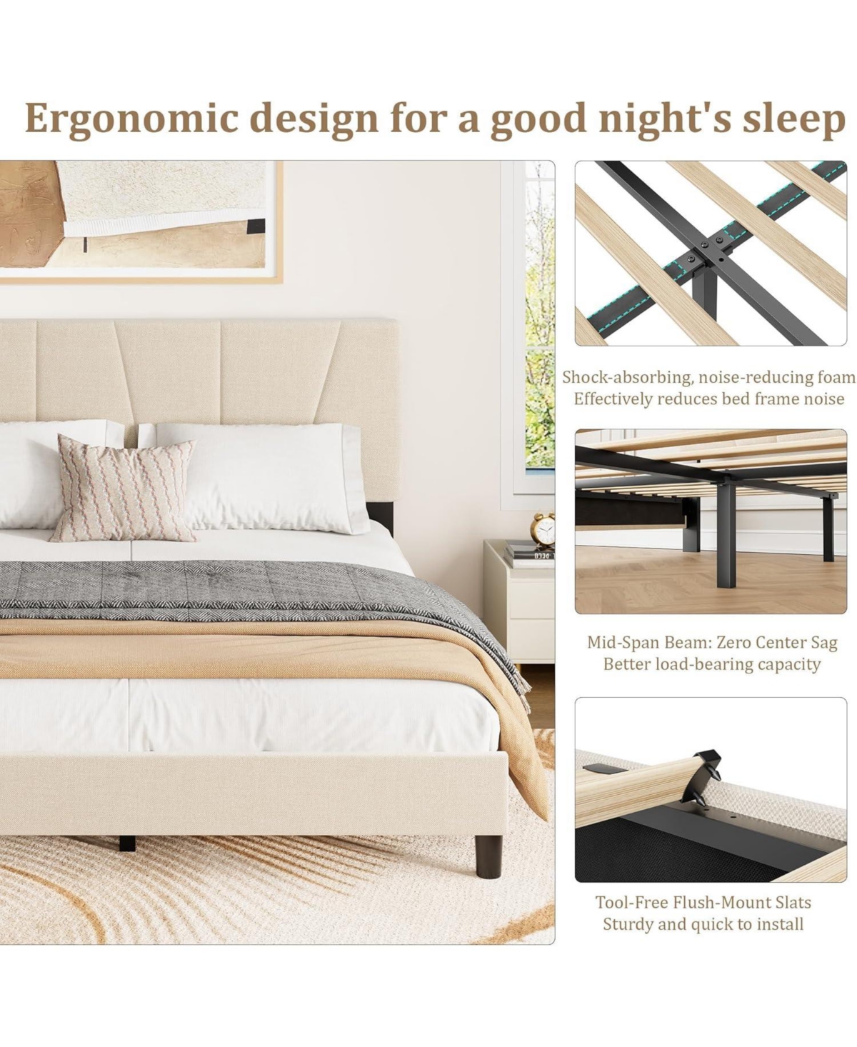gaomon Upholstered Platform Bed with Adjustable Headboard Wooden Slats