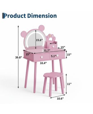 Bear-Shaped Lighted Mirror Kids Vanity Table and Chair Set - Wooden Princess Makeup Desk with Stool, Storage Drawers