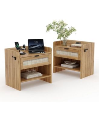 Rattan Nightstand Set of 2, Bedside Table, Night Stand with Type-C Charging Station, Storage Drawer, and Open Storage Space