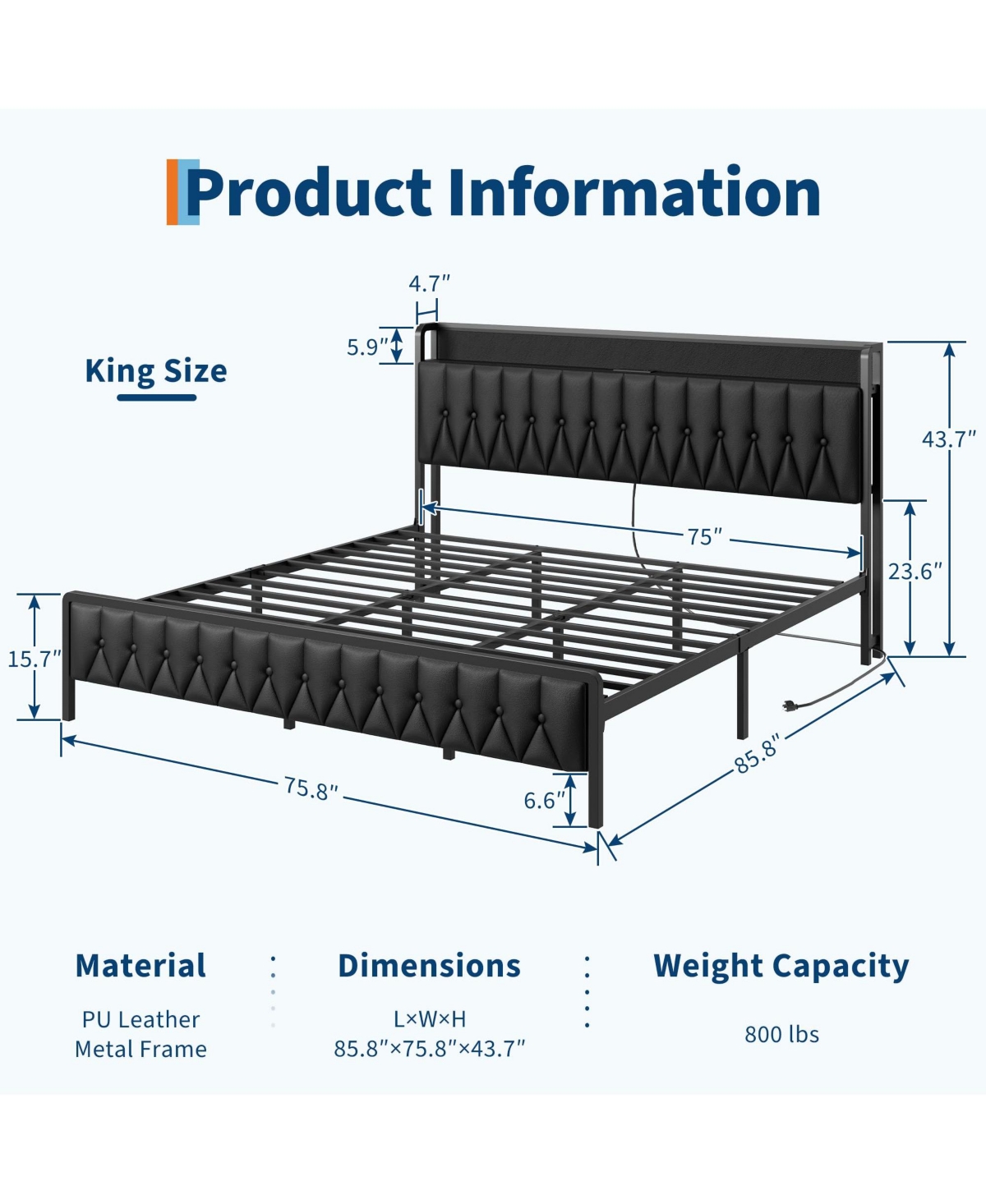 gaomon Size Bed Frame with Charging Station, Faux Leather Headboard and and Footboard