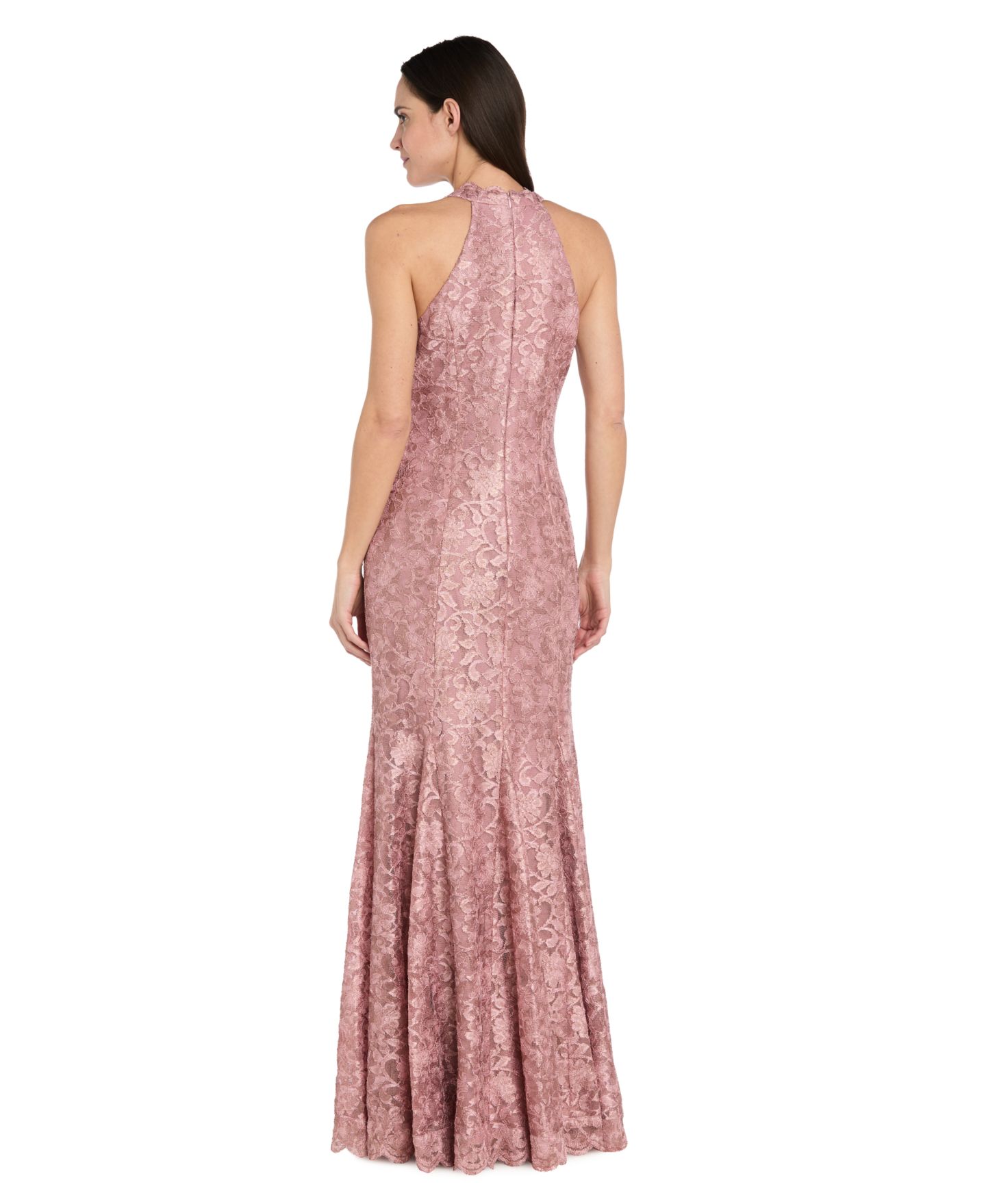 Женские платья R & M Richards Petite Halter V-Neck Stretch Lace Ball Gown, цвет: Розовый золотой — фото 3