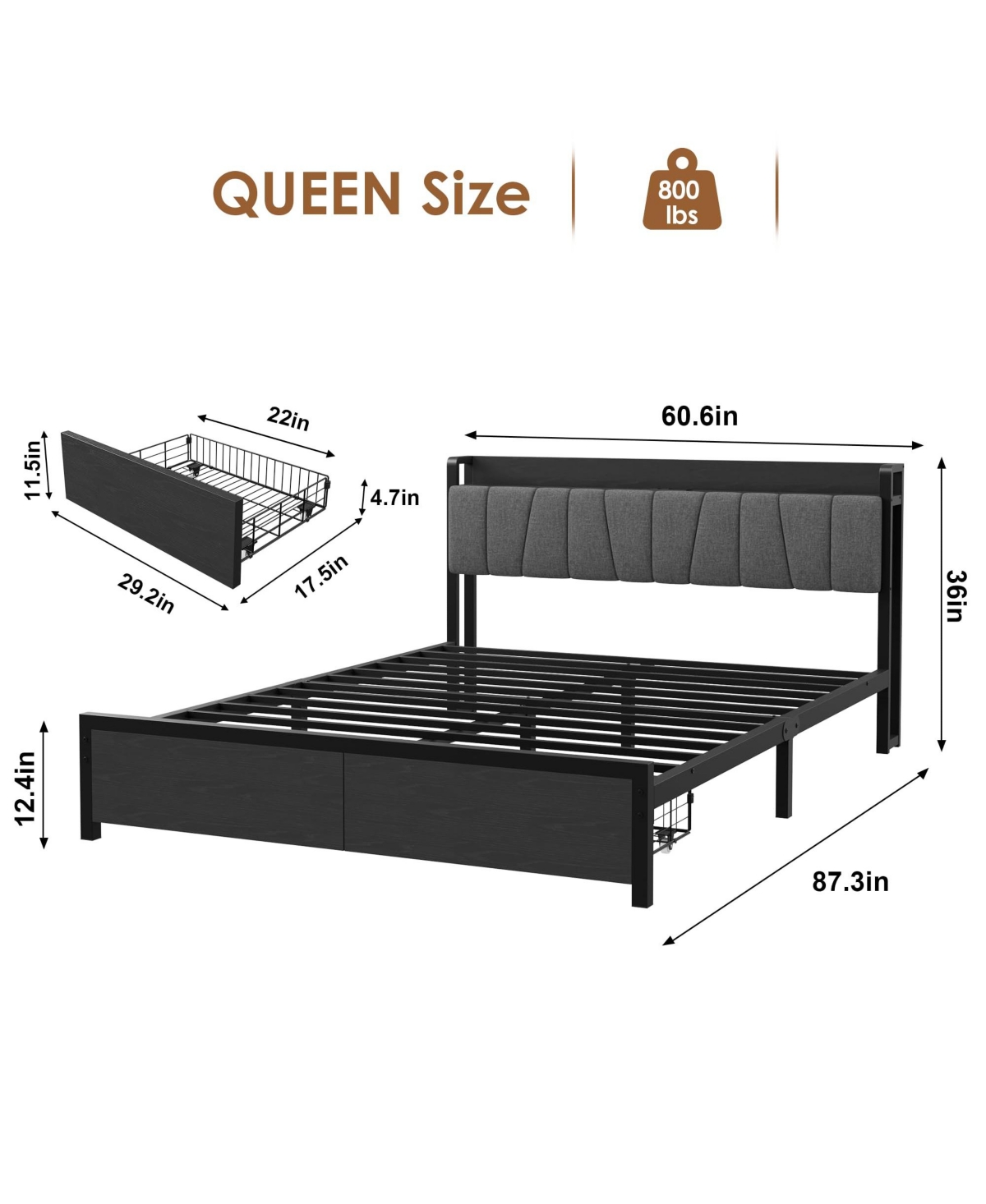 gaomon Industrial Bed Frame with Storage Headboard, Charging Station and 2 Drawers