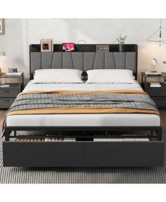 Industrial Bed Frame with Storage Headboard, Charging Station and 2 Drawers, No Box Spring