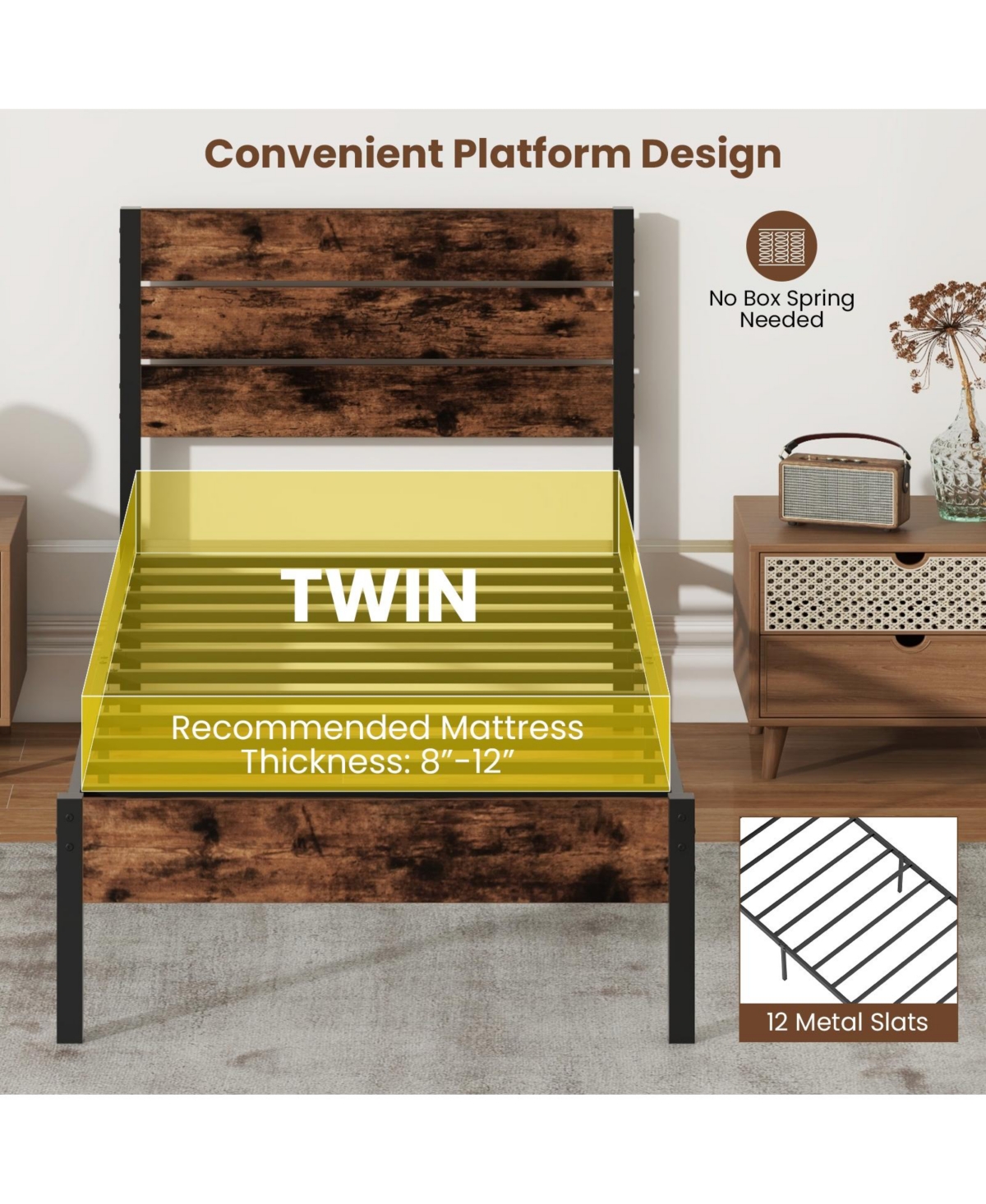 Slickblue Modern Bed Frame with Tall Headboard Mute Bar Structure for Quiet Stability