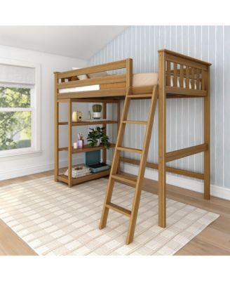 Solid Wood High Loft Bed,Twin Bed Frame For Kids With Bookcase and Ladder