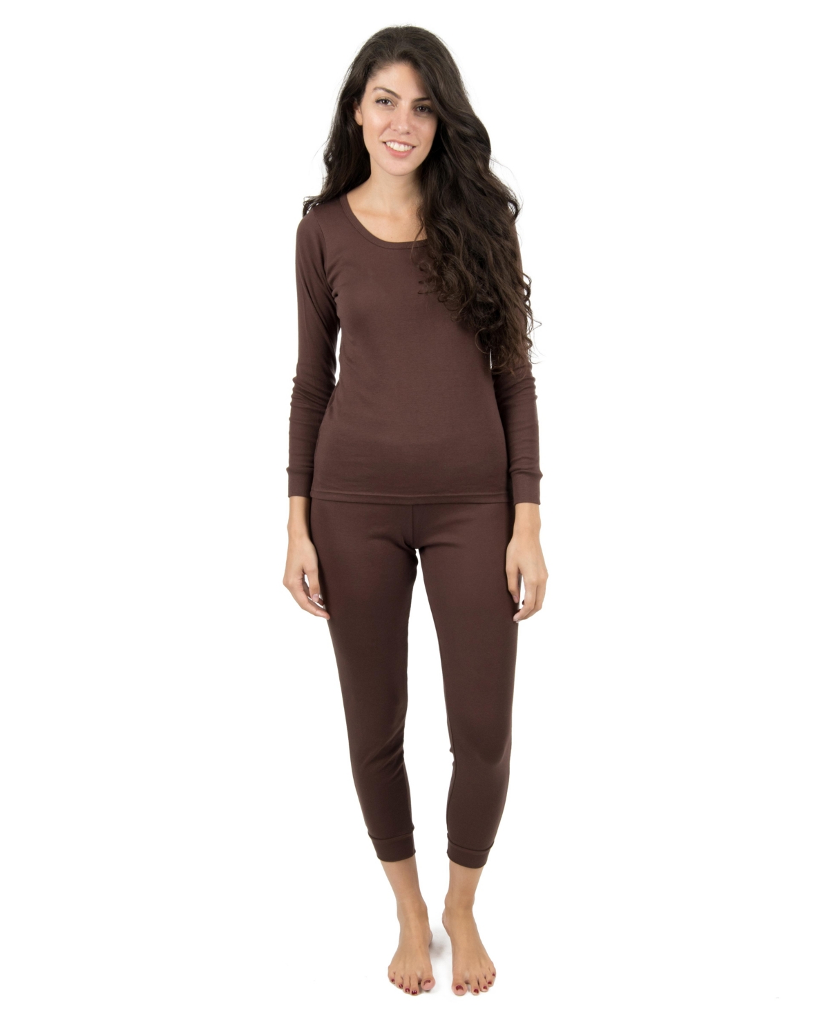 Leveret Women's Matching Family Two Piece Cotton Long Sleeve Shirt and Pants Solid Color Pajamas - Brown