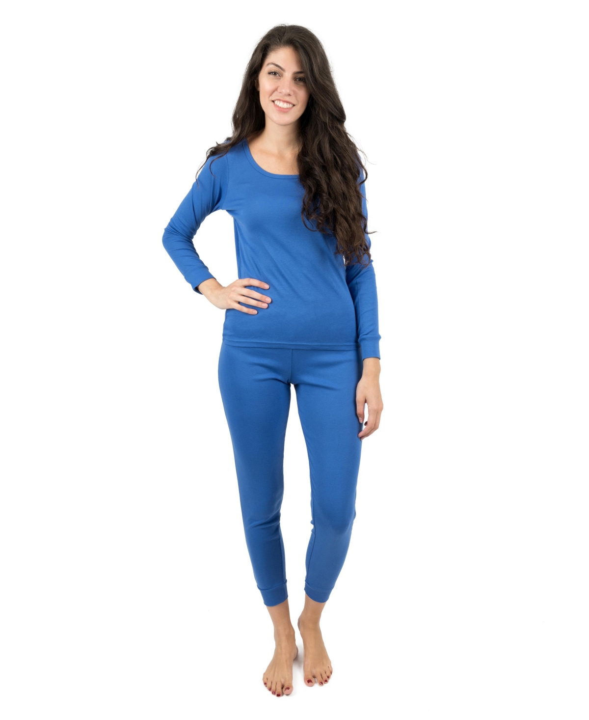 Leveret Women's Matching Family Two Piece Cotton Long Sleeve Shirt and Pants Solid Color Pajamas - Royal blue