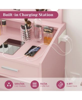 Modern Vanity Desk with Mirror, LED Lights, Power Outlet, USB Ports, 2 Drawers, 3 Lighting Modes, Stool, Hairdryer Holder, Bedroom Makeup Table