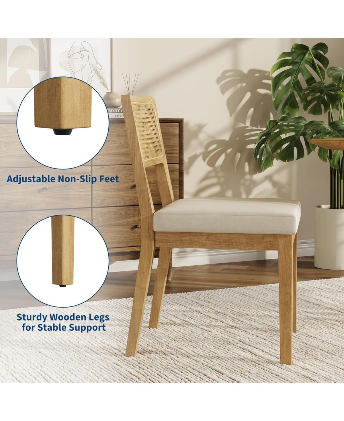 gaomon Rattan Dining Chairs Set of 4, French Country Upholstered Dining Chairs Wood Frame, Rattan Backrest