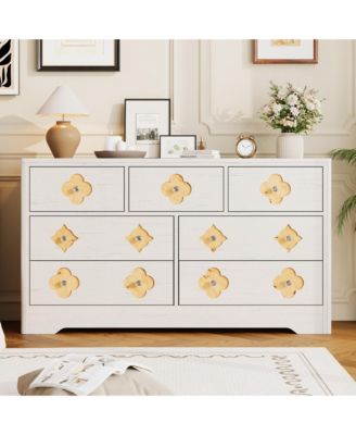 54" Wide 7 Drawer Wood Dresser with Decorative Fronts and Crystal Knobs, Wide Storage TV Stand Organizer