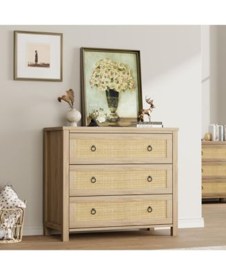 3 Drawer Rattan Dresser for Bedroom, Tall Freestanding Boho Chest of Drawers