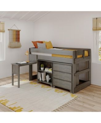 Modern Farmhouse Low Loft Bed, Twin Bed Frame for Kids with 3-Drawer Dresser, 2-Shelf Bookcase and Hook-on Desk