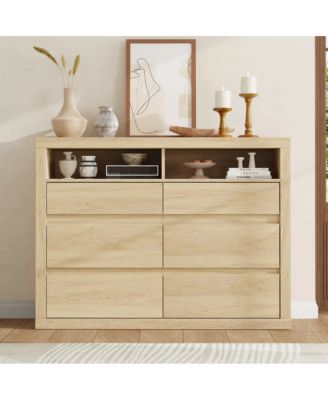 6 Drawer Modern Wooden Dresser with 2 Open Shelves, 47" Wide Handleless Storage Chest for Bedroom
