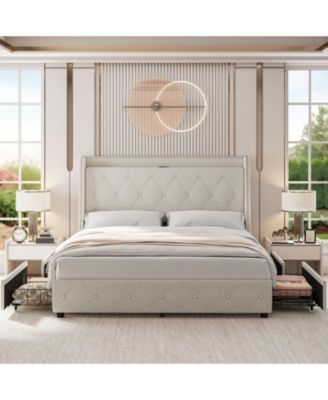 Upholstered Bed Frame with 4 Drawers, Charging Station and Wingback Headboard, No Box Spring