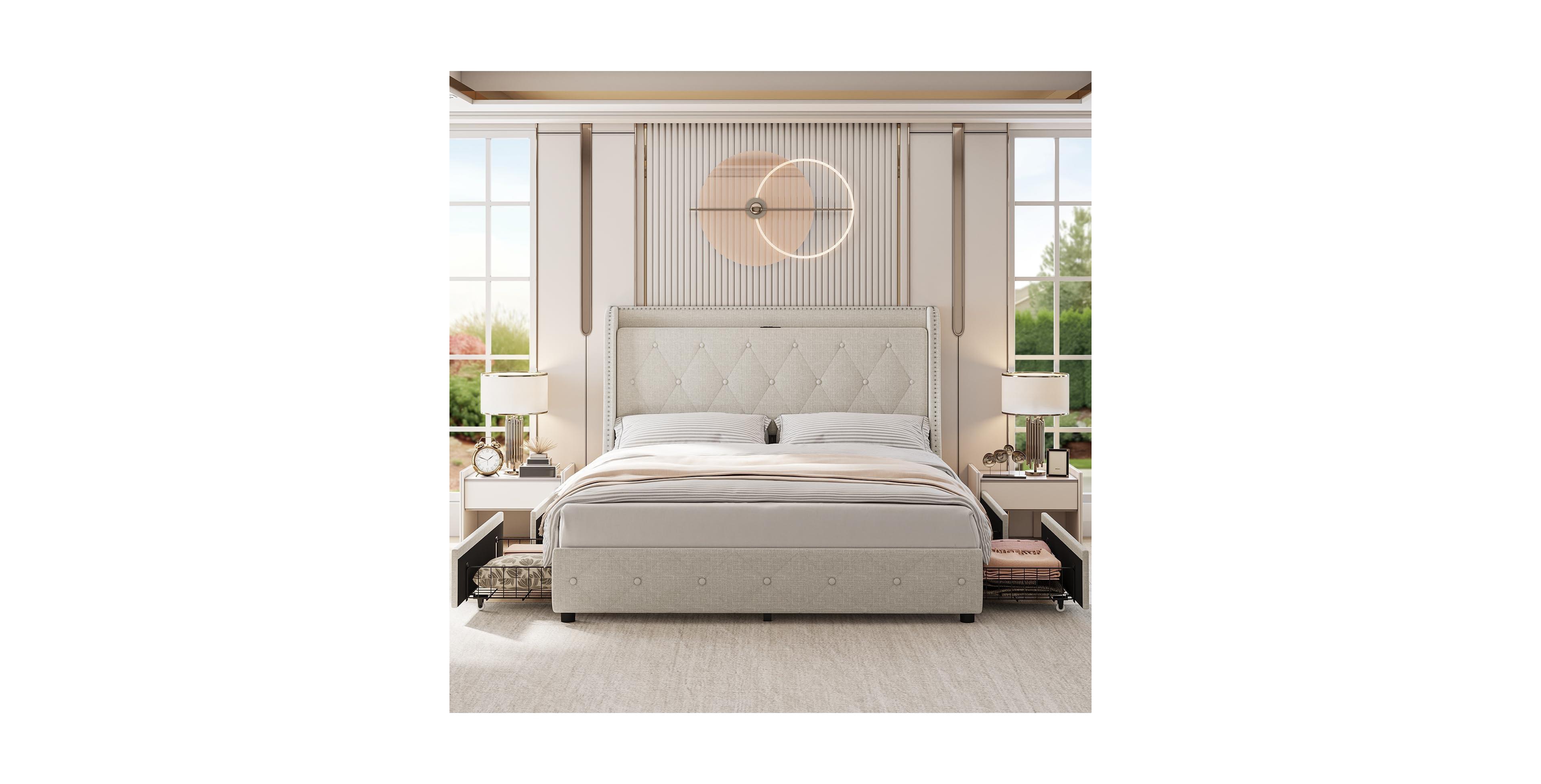 gaomon Upholstered Bed Frame with 4 Drawers, Charging Station and Wingback Headboard