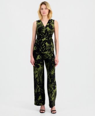 Women's Printed Sleeveless Faux-Wrap Top & Printed High Rise Wide Leg Pants