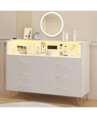 6 Drawer Dresser with LED Lights and Charging Station, Wood Storage Chest with Steel Frame