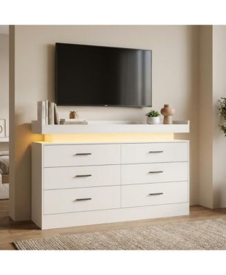 LED TV Stand Cabinet with Charging Station, Floating Countertop Coffee Bar Sideboard with 6 Drawers Storage