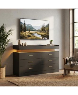 LED TV Stand Cabinet with Charging Station, Floating Countertop Coffee Bar Sideboard with 6 Drawers Storage