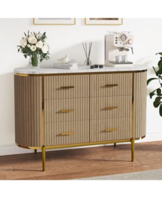 Fluted 6 Drawer Dresser, Mid Century Modern Wood Chest with Curved Design and Gold Handles