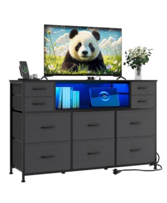 10 Drawer Fabric Dresser TV Stand with LED Lights and Power Outlets, 45"-55" TV Entertainment Center