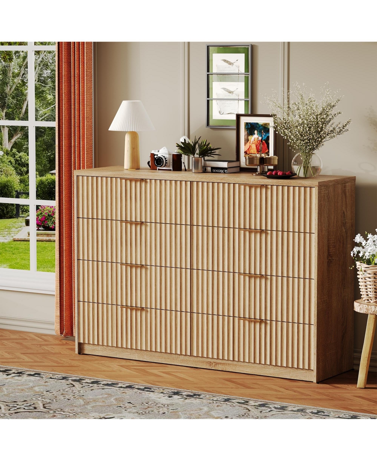 gaomon 8 Drawer Fluted Double Dresser with Metal Handles, Modern Wood Storage Chest for Bedroom Entryway - Natural