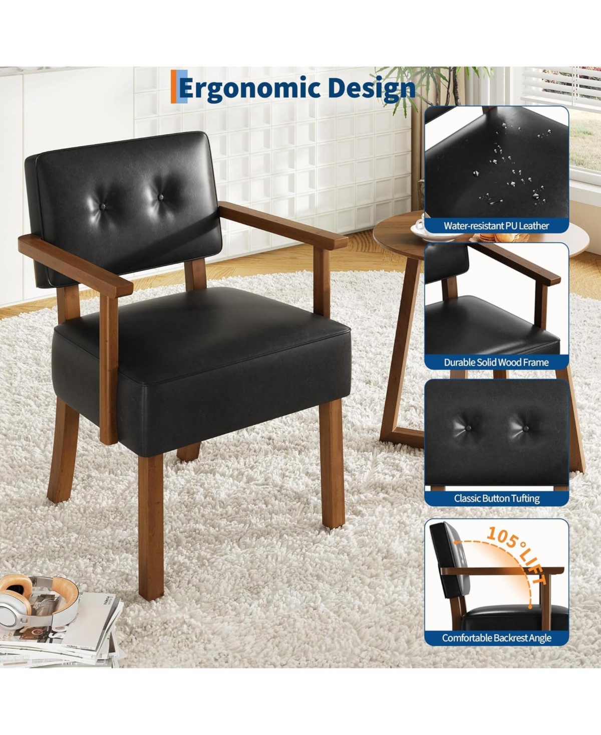 gaomon Set of 2 Mid Century Modern Accent Chairs, Black Faux Leather Armchairs with Button Tufted Back