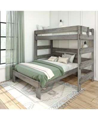 Solid Wood Bunk Bed, L-Shaped Twin over Full Size Bed Frame for Kids Modern Farmhouse