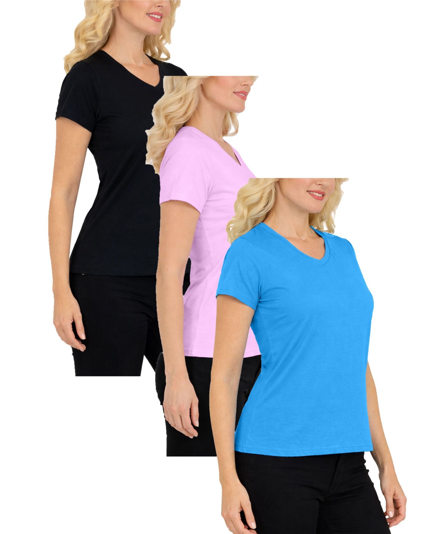 Женские футболки Galaxy By Harvic Galaxy Divatee Relaxed Fit V-Neck Short Sleeve T-Shirt-3 Pack, цвет: Чёрный розовый аквамариновый — фото 3
